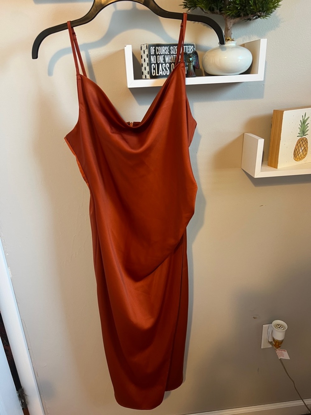 Lulu's Rust Satin Cowl Midi Slip Dress